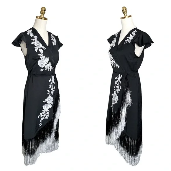 VENUS Black w/ White Embroidered Floral Asymmetric Fringe Wrap Midi Dress Size 8 - Picture 7 of 11